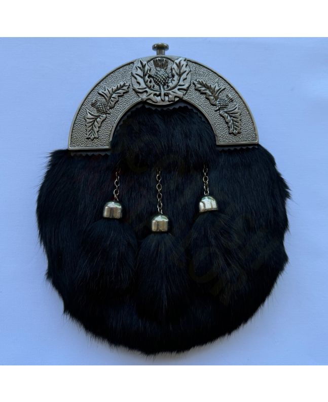 Black Rabbit Fur Sporran Thistle Antique Cantle