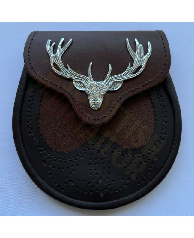 Stag Head Brogue Design Brown Leather Kilt Sporran