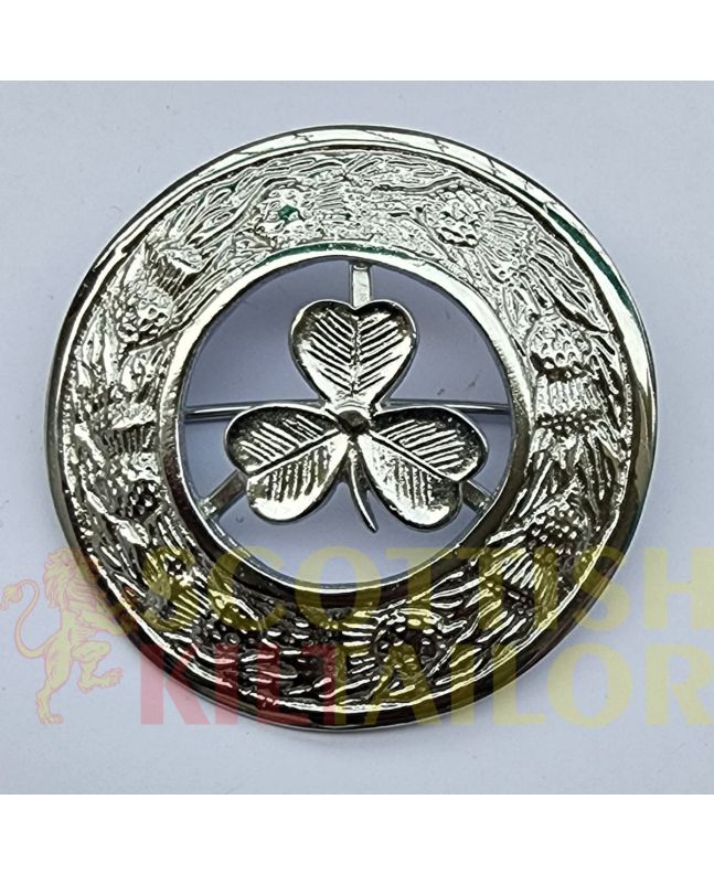 Shamrock Badge Silver Kilt Fly Plaid Brooch, Silver color for Male