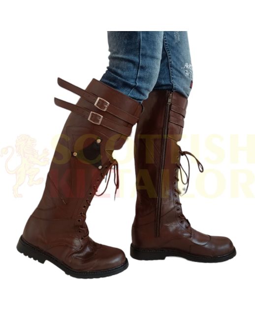 Scottish Genuine Leather Long Kilt Boots, Brown color for Male