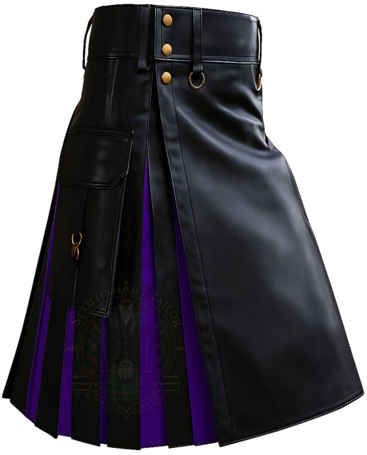 Black and Purple Gothic Leather Utility Kilt right side view with cargo pocket and pleated leather design