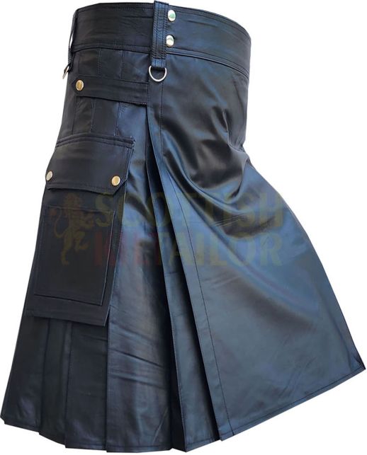 Black Cow Leather Utility Deluxe Kilt, Black color for Male
