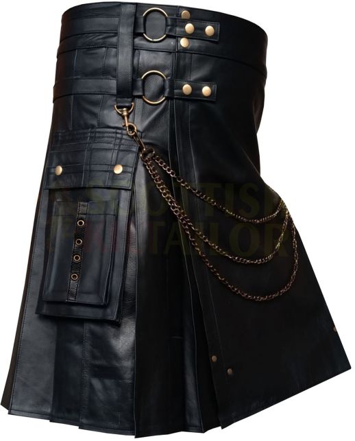 Black Cow Leather Utility Fashion Kilt, Black color for Male