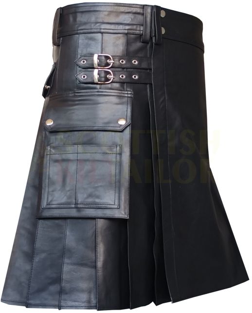 Black Cow Leather Utility Kilt Cargo Pockets, Black color for Male
