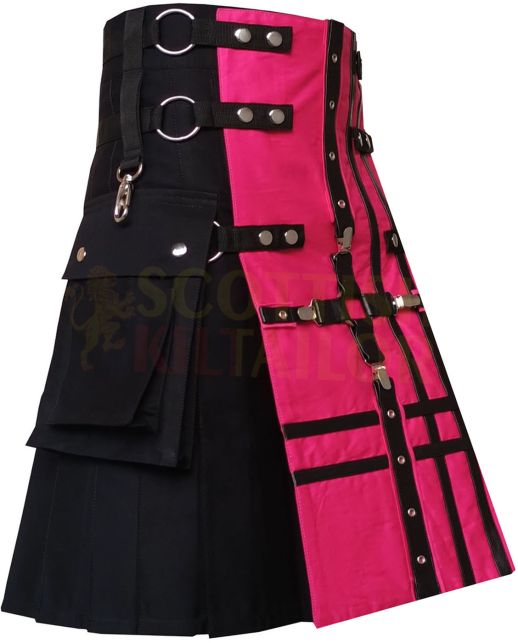 Black Fashion Pink Apron Hybrid Kilt, Black color for Male
