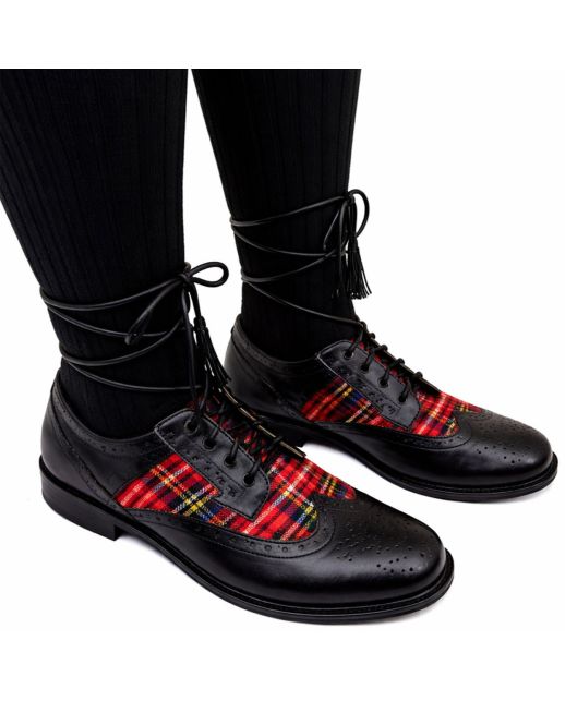 Black Ghillie Brogue Kilt Shoes With Matching Tartan, Black color for Male