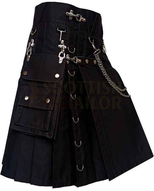 Black Gothic Utility Fashion Kilt, Black color for Male