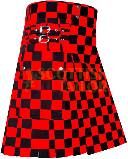Black & Red Premium Utility Kilt With Cargo Pocket, Black color for Male