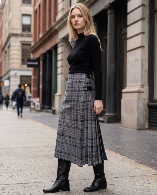 Black Shadow tartan maxi skirt for women with pleated design