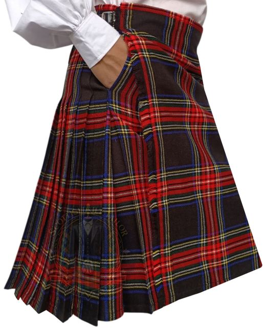 Black Stewart Tartan Kilt With Two Slash Pockets, Black color for Male