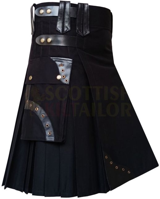 Black Utility Deluxe Fashion Kilt, Black color for Male