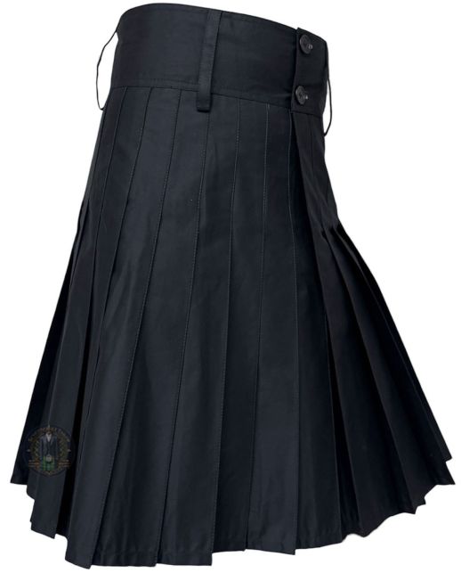 Right View Black Utility Kilt With All Round Pleats