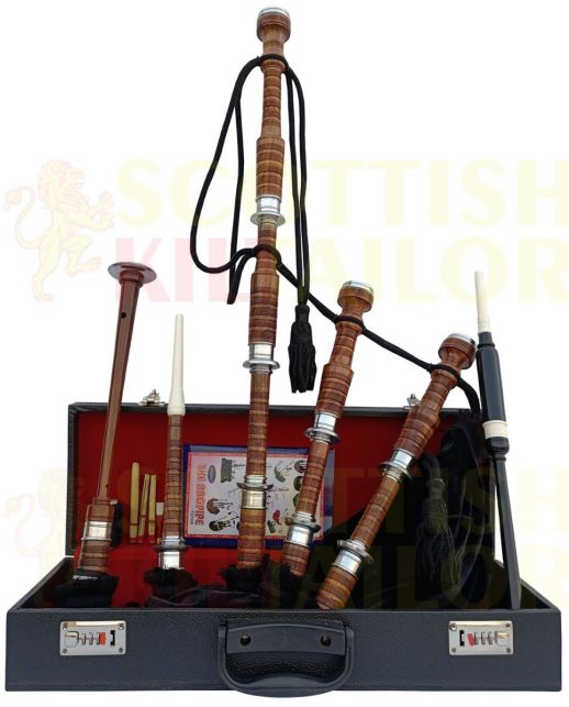 Black Velvet Bagpipe Set Brown & Silver Finish With Hard Case, Brown color for Male