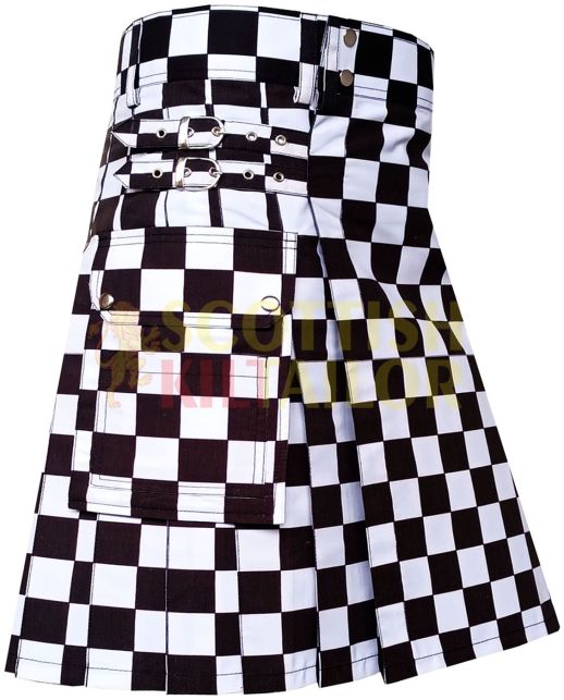 Black & White Premium Utility Kilt With Cargo Pocket, Black color for Male