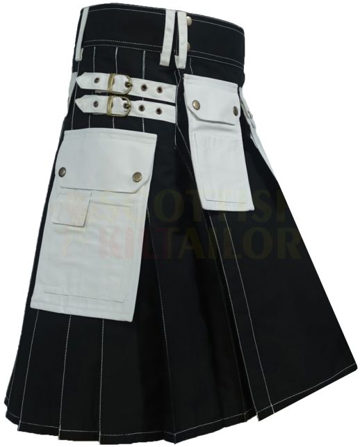Black & White Utility Working Kilt, Black color for Male