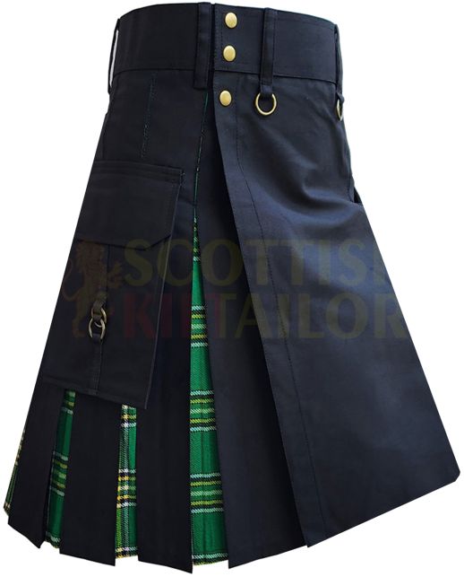 Black With Irish National Tartan Hybrid Kilt For Men, Black color for Male