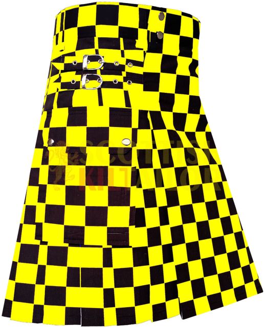 Black & Yellow Premium Utility Kilt With Cargo Pocket, Black color for Male