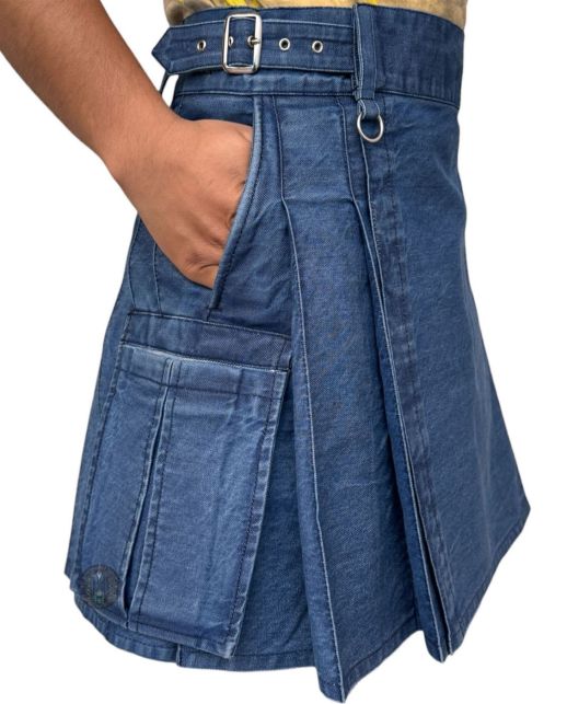 Blue Denim Slash Pocket Utility Kilt right side pocket detail view
