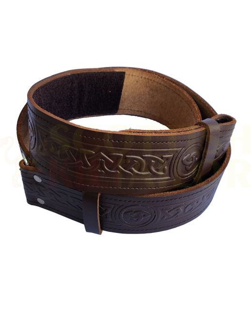 Brown Celtic Oval Embossed Leather Kilt Belt, Brown color for Male