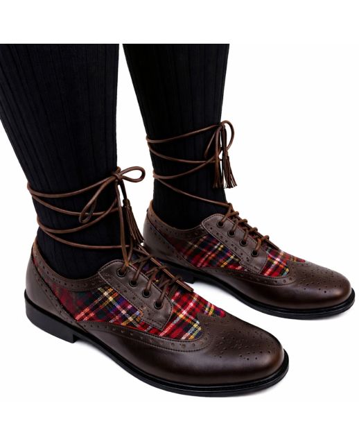Brown Ghillie Brogue Kilt Shoes With Matching Tartan, Brown color for Male