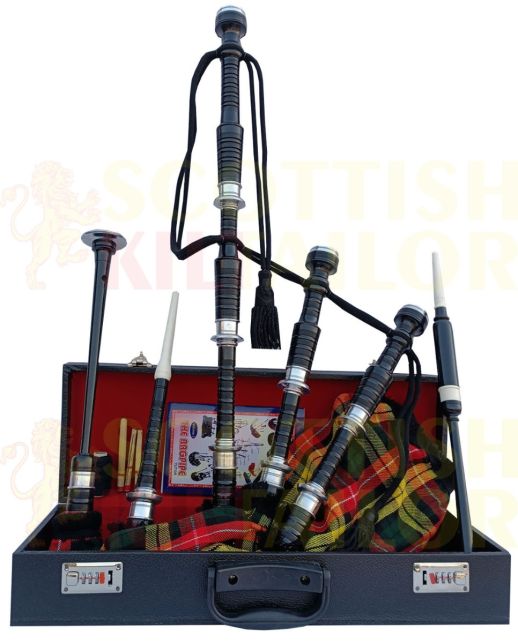 Buchanan Tartan Bagpipe Set Black & Silver Finish With Hard Case, Black color for Male