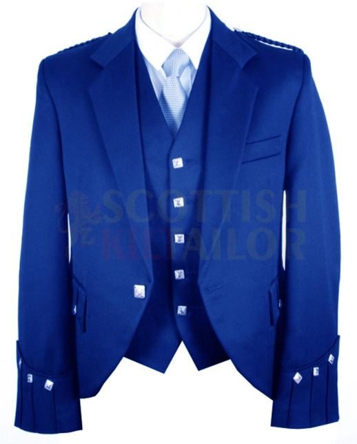 Custom Made Royal Blue Argyll Kilt Jacket with Vest, Blue color for Male