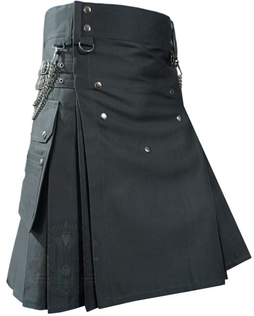 Dark Grey Utility Kilt With Chain, Gray color for Male