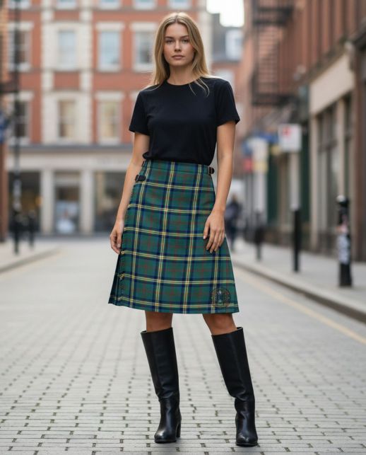 Dodd Of Branford Ancient Tartan Kilt Front View – Elegant Women’s Scottish Plaid Kilt by Scottish Kilt Tailor