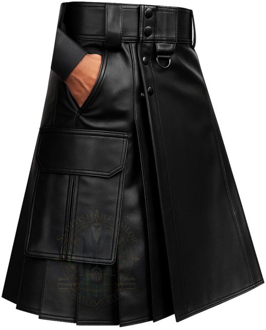 Genuine Black Leather Utility Kilt for Men right side view with utility pocket and pleated leather design