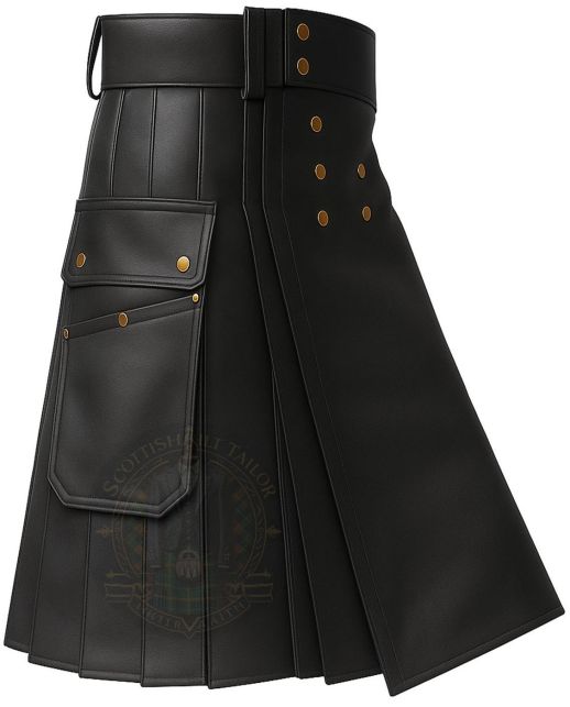 Gray Leather Scottish Style Kilt right side view with utility pocket and pleated leather design