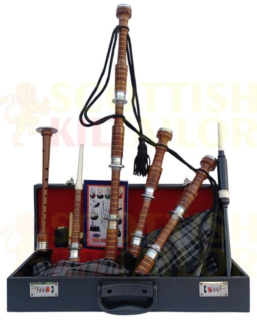 Gray Watch Tartan Bagpipe Set Brown & Silver Finish With Hard Case, Brown color for Male