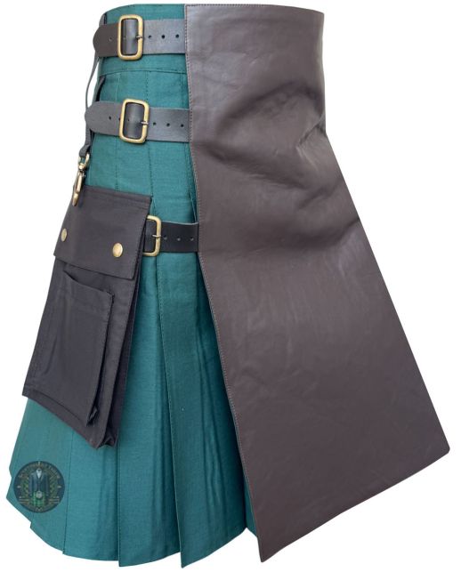 Right side view of green hybrid utility kilt with brown leather apron and cargo pocket styling