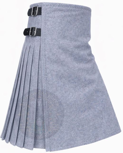 Heathered Light Blue Gray Wool Kilt right side view showing soft wool pleats