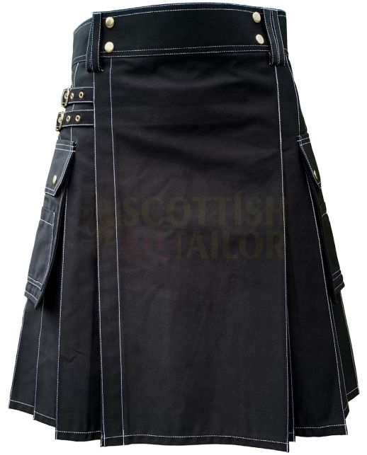 Heavy Cotton Black Utility Kilt White Thread, Black color for Male