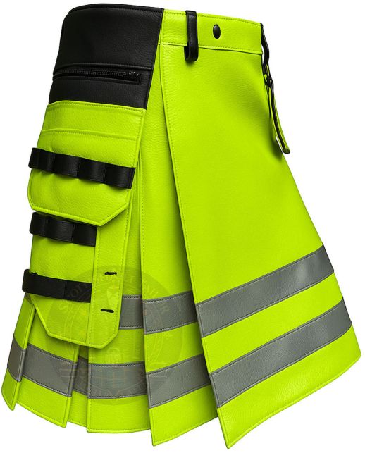 High Visibility Neon Green Workwear Kilt right side view with utility pocket and reflective workwear design