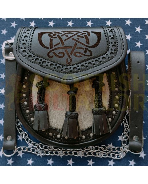 Laser Etched Black Leather With Seal Skin Kilt Sporran