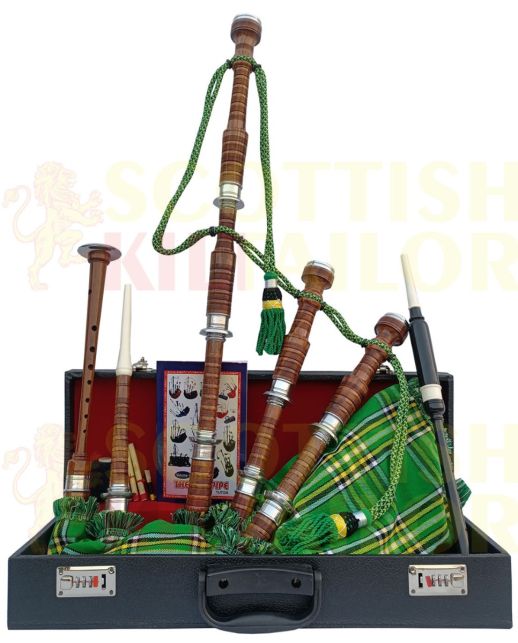 Irish Green Tartan Bagpipe Set Brown & Silver Finish With Hard Case, Brown color for Male