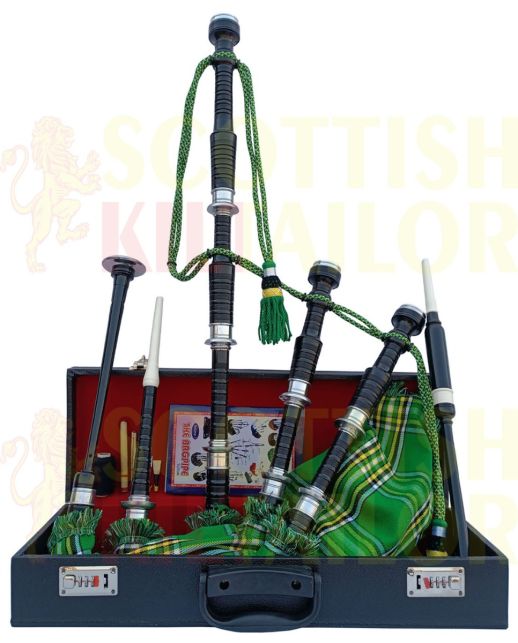 Irish Green Tartan Black With Silver Finish Bagpipe Set With Hard Case, Black color for Male