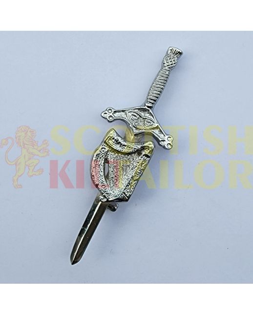 Irish Harp Badge Silver Kilt Pin, Silver color for Male