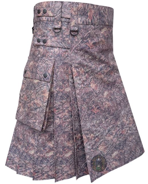 Right side view of jungle print leather utility kilt with cargo pocket and adjustable strap detailing