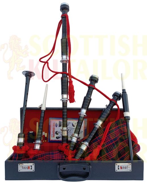 MacDonald Tartan Black With Silver Finish Bagpipe Set With Hard Case, Black color for Male