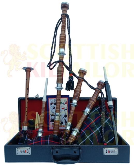 Mackenzie Tartan Bagpipe Set Brown & Silver Finish With Hard Case, Brown color for Male