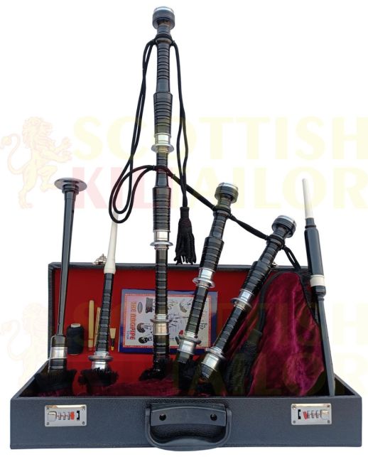 Maroon Velvet Bagpipe Set Silver & Black Finish With Hard Case, Black color for Male