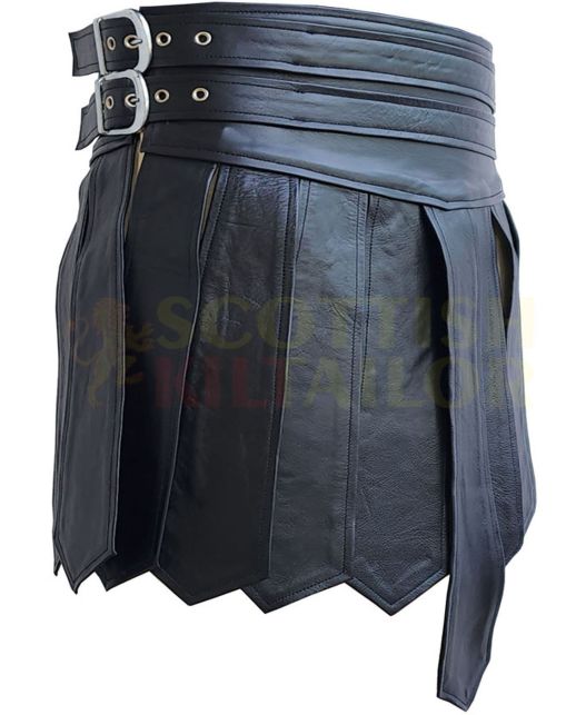 Men Black Leather Gladiator Kilt, Black color for Male