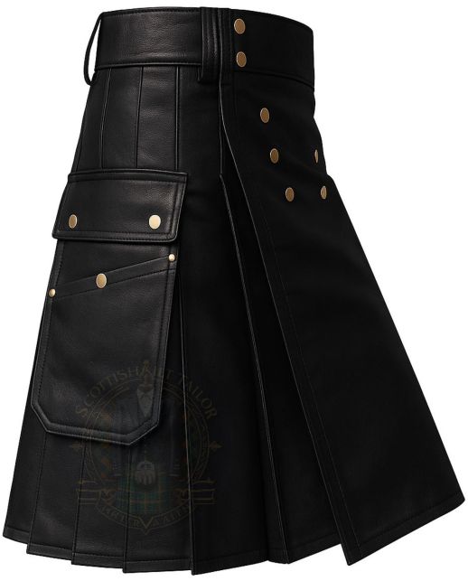 Side view of Men’s Genuine Leather Black Utility Kilt featuring cargo pockets and button detailing.