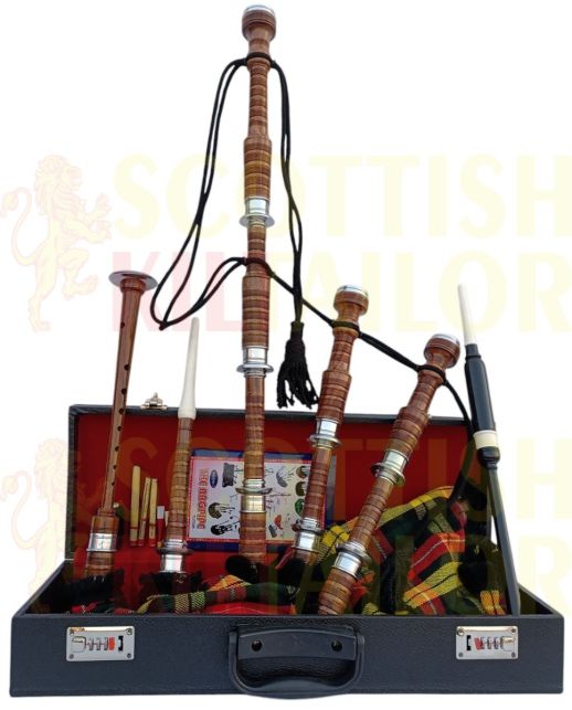 Buchanan Tartan Bagpipe Set Brown & Silver Finish With Hard Case, Brown color for Male