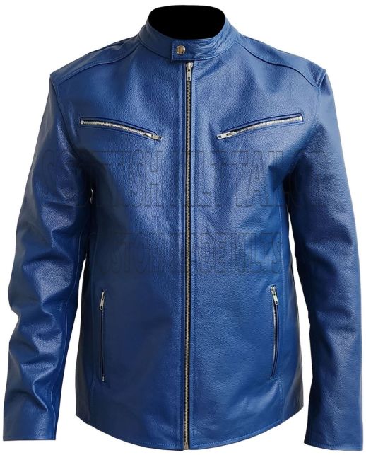 Navy Blue Cow Leather Custom Made Real Leather Jacket For Men, Navy Blue color for Male