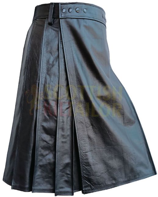 Plain Black Utility Leather Kilt, Black color for Male