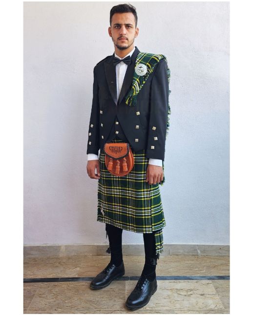 Prince Charlie Kilt Outfit With Drak Irish Green Tartan Kilt, Black color for Male