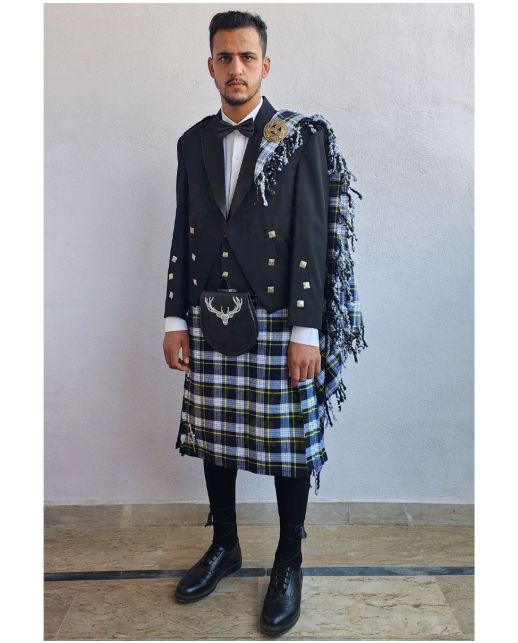 Prince Charlie Kilt Outfit With Dress Gordon Tartan Kilt, Black color for Male